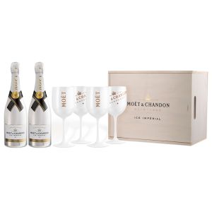 Моет Шандон Айс 2 Бутилки + 4 Чаши в Дървена Кутия / Moet Ice Wooden Box Gift Set